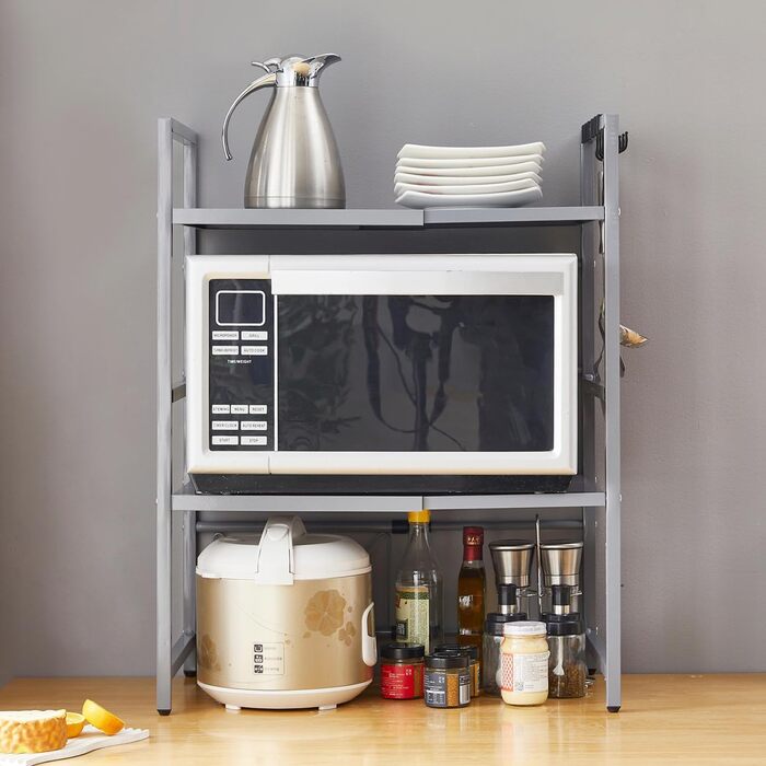 Розширювана полиця для мікрохвильової печі, робоча поверхня над мікрохвильовкою, підставка, органайзер для фритюрниці, економія місця, стояча, полиці пекаря (Чорний/3 (Сірий / 3-ярусна))