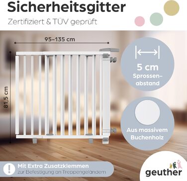 Захист для сходів Geuther Oris | Дверний захист для сходів з кріпленням, 2 клямки для поручнів, ширина | Стабільний захист з розпадною дверцятами | Дерев'яне дитяче гiтер, натуральний лак (білий, 95-135 см)