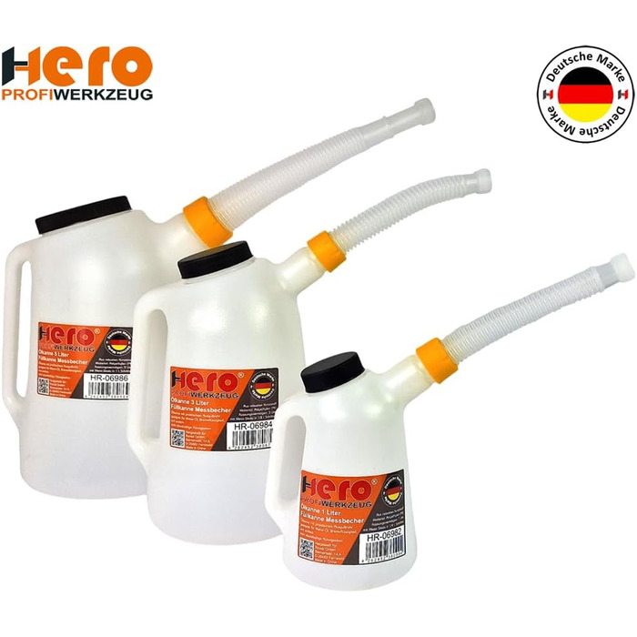 HERO Filling Can, Measuring Can, SET 1L + 3L + 5L Measuring Cups with Flexible Spout and Lid, Water Can, Car Oil Change, Automotive