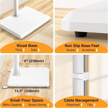 Підставка для телевізора TVON на підлозі з кріпленням для більшості телевізорів 81.3 - 152.4 см (32-60 дюймів) до 40 кг, регульована по висоті підставка з дерев'яною основою, економна, підлогова підставка для телевізора білого кольору з дерев'яною основою