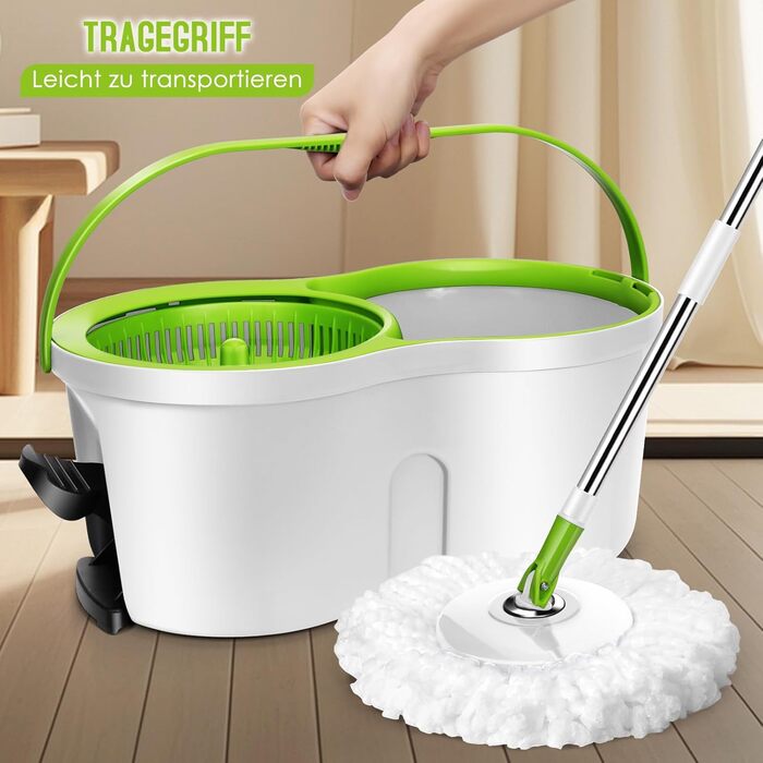 Набір для миття підлоги з відром, 2 в 1: відро для миття з віджимом та моп, моп з педальним віджимом, регульована сталева стійка та 3 мікрофібрових насадок, набір для миття підлоги, відро з педальним віджимом, білий + жовто-зелений