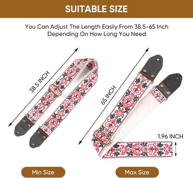 Гітарний ремінь Jacquard з вишитою бавовною та шкіряними кінцями для акустичної гітари (Gs-75-5, 5 метрів, червоний)