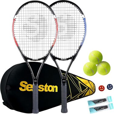 Senston Adult Tennis Racket Set - 2 Rackets, 3 Balls, 2 Grips, Vibration Dampeners (Red & Blue)