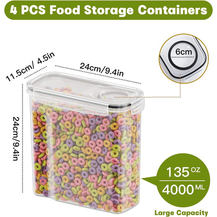 Набір контейнерів для зберігання Withosent 4L (4 шт.) з герметичними кришками, пластикові бокси для кухні, для круп, борошна, мюслі