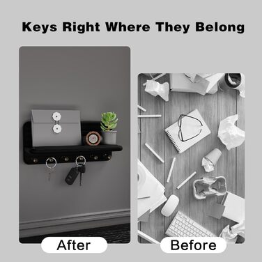 Дерев'яне ключниця з полицею та 6 гачками, ключниця на стіну для прихожей, кухні (чорний)