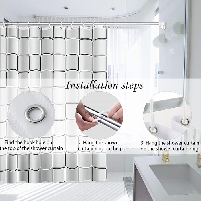 Шторка для душу 200x200 см, PEVA, антигрибкова, водонепроникна, пральна, з 12 кільцями, для душу та ванни