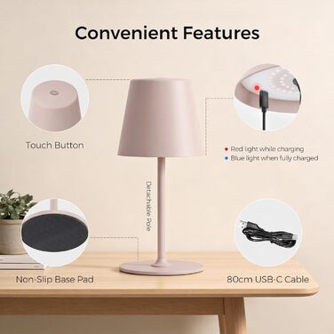 Світлодіодний настільний світильник бездротовий з димером, 2 шт. - Нічник на батарейках для дому та вулиці, IP54, метал (Бежево-рожевий)