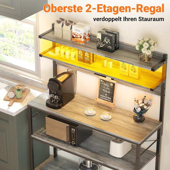 Кухонна полиця-стійка з розеткою, підставка для мікрохвильовки, 5-рівнева кавобар з LED-підсвічуванням, полиця для спецій, каструль та сковорідки (80см, Білий дуб)