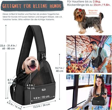 Dog-friendly sling carriers, hands-free travel bag for small pets with adjustable straps, hardboard base, safety belt, for dogs up to 2.8kg, widened version (M+ (For short-legged pets under 2.8kg), Black)