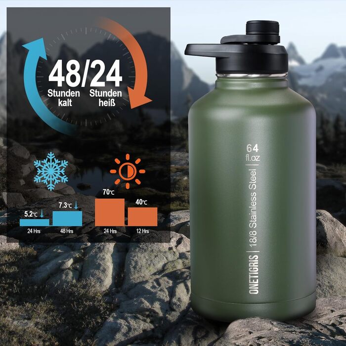 OneTigris Stainless Steel Water Bottle, 1.9L High Capacity, Insulated Sports Bottle for Bicycle, Camping, Yoga, Gym, Softair, OD Green, 64oz