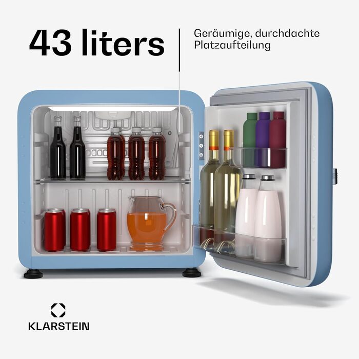 Klarstein Mini Fridge with Freezer Compartment - 32L Compact Refrigerator for Drinks & Cosmetics, Retro Mini Bar, Quiet Small Fridge, Skincare Cooler for Room (43L, Energy Class E, Blue)