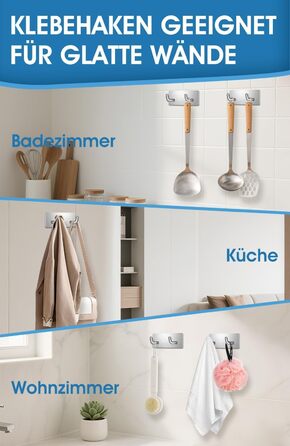 Набір гачків для рушників без свердління, 10 шт., самоклеючі гачки з нержавіючої сталі 304, надміцні клейкі гачки для великих предметів, гачки для стін без свердління для ванної, туалету та кухні, стійкі до корозії, гачки для рушників (подвійні *6)