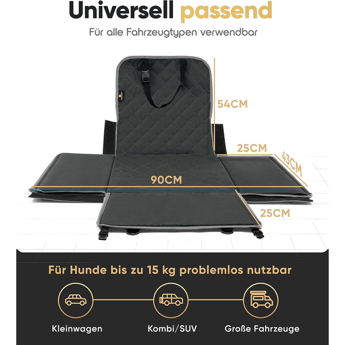 Автокрісло для собак HELDENWERK Extra Stabiler - Водонепроникне, з 5 ременями, для заднього та переднього сидіння (Чорно-сіре, стандартне)