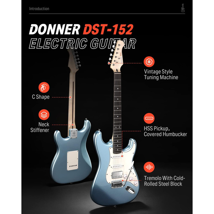 Електрогітара Donner DST-152R HSS Set: Початковий набір з підсилювачем, чохлом та аксесуарами (Металік, Світло-блакитний)