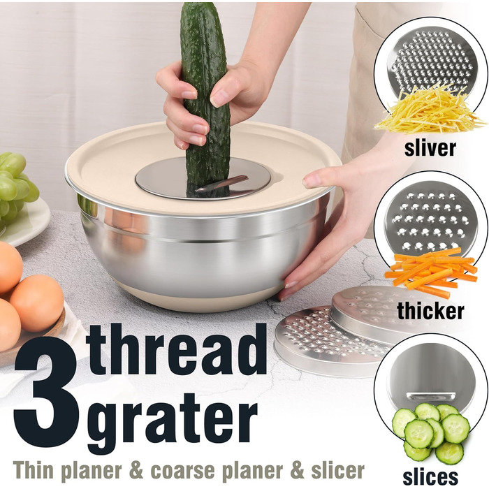 Набір місок для перемішування BEWOS 7 шт. з кришкою, нержавіюча сталь, набір місок з терткою, вкладна конструкція, колір хакі, протиковзкі дна, об'єм 0.5, 1, 1.4, 1.85, 2.35, 3.2, 4 л для змішування та подачі