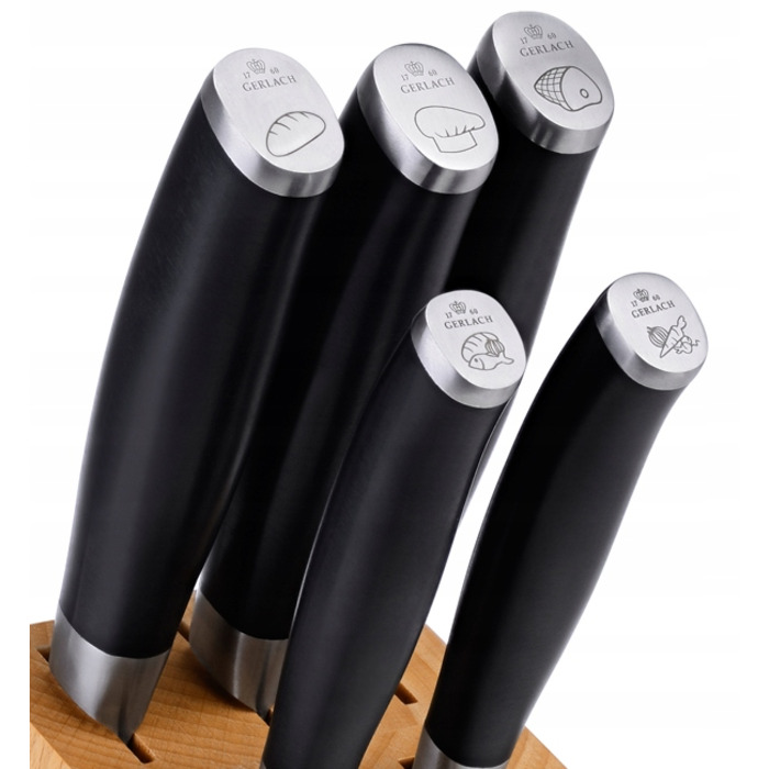 Набір ножів Gerlach Deco Black (5 предметів) у дерев'яному блоці з дощекою та точилом