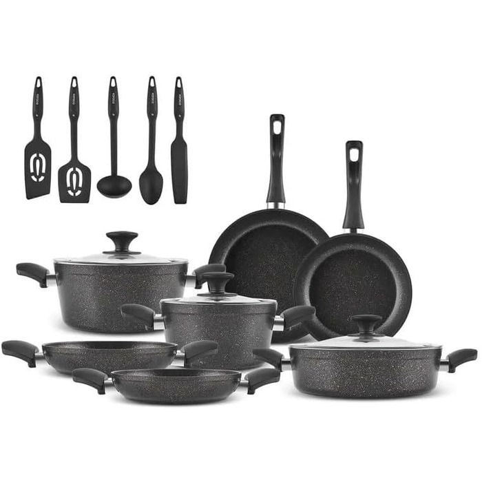 Набір кухонного посуду Karaca Biogranit Blackgold 12 предметів | Покриття з антипригарним ефектом | Стійкий до подряпин | Здоровий та екологічний | Енергоефективний | Елегантний дизайн | Легко миється (Чорний/Золотистий)