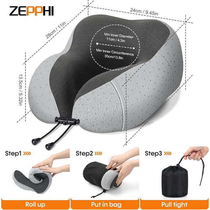 Подушка для шиї у літак - подушка для подорожей з регулюванням Memory Foam - подушка-вишенка з м'яким, дихаючим чохлом - ідеально для кемпінгу, офісу, авто, літака, подушка для сну (Сірий)