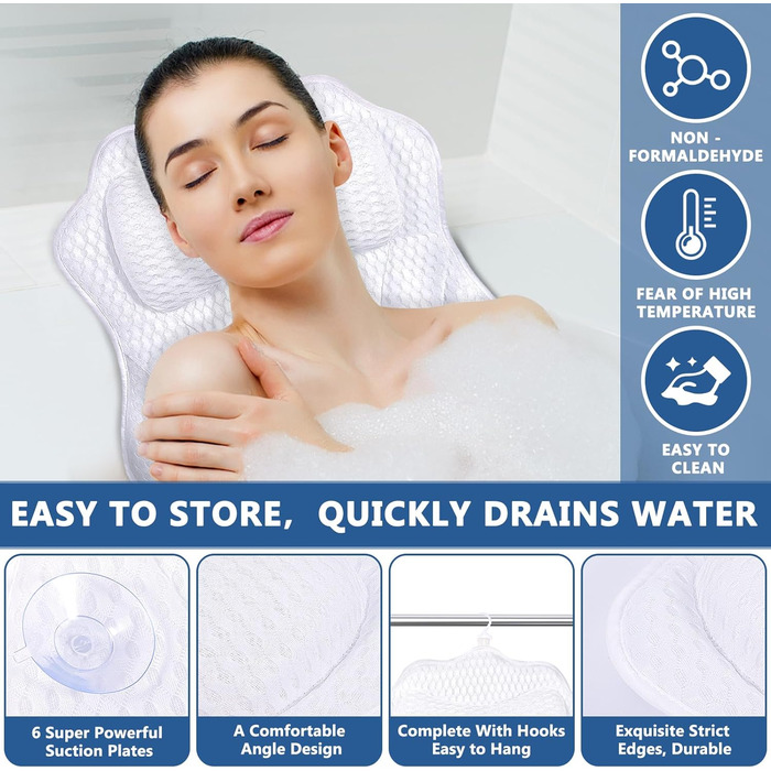 Підголовник для ванни MOYKSRR з 6 присосками та дихаючою сіткою 4D Air Mesh, для комфортного відпочинку у ванні