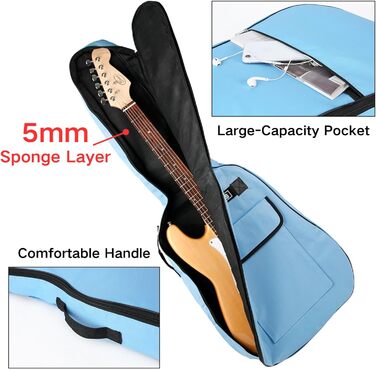 Водонепроникний гітарний кейс SUQ Oxford, 40/41 дюймів, з музичним принтом, нейлон, Gigbag для електро-, акустичної та концертної гітари, ударостійкий, 8 мм, водонепроникний (блакитний)