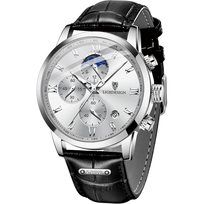 Годинник чоловічий LIGE Retro з шкіряним ремінцем, 3ATM, водостійкий, аналоговий, з датою, місячними фазами (чорний / білий)