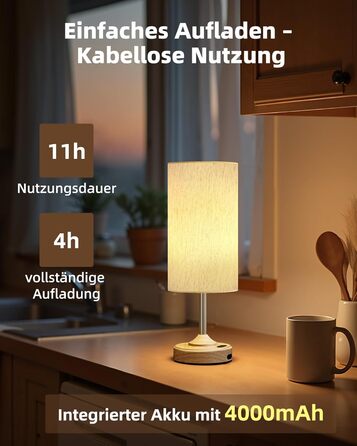 Нічна лампа EZVALO з сенсорним димером, LED акумуляторна настільна лампа 4000mAh, USB-C, тепле світло 2700K для спальні та вітальні (дерев'яний колір)
