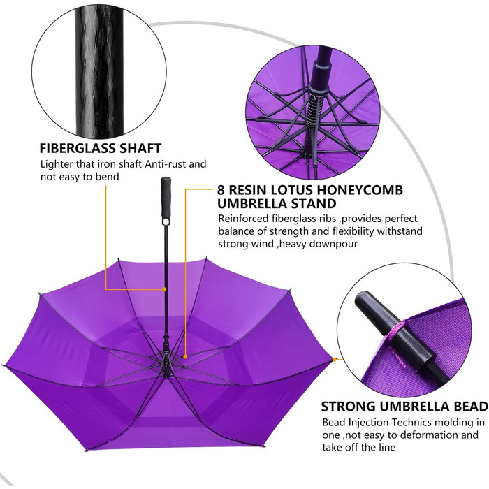 Стійкий до вітру парасолька-тростина XL/XXL з автоматичним відкриванням та подвійним вентиляційним отвором - високоякісний парасолька для жінок та чоловіків, ідеально підходить як парасолька для гольфу (фіолетовий, 68 дюймів/172 см)