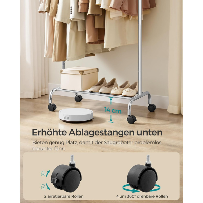 SONGMICS Clothes Rack with Wheels, Extendable Clothes Rod, Garment Rack Made of Steel Pipes, Elevated Storage Rod, 40 x (83-120) x 156 cm, Cloud White HSR134W01 (Silver)