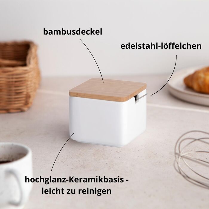 Керамічна цукерниця з ложкою та кришкою з бамбука - цукерниця для дому та кухні, сучасна куляста форма, для цукру, сиру, спецій, 10 x 10 x 9 см (білий круглий) (білий квадрат)