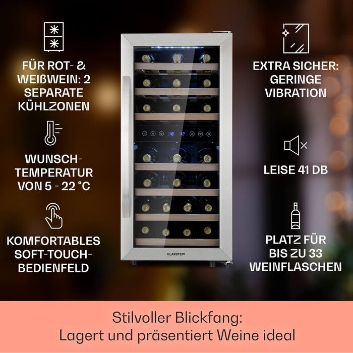 Klarstein 33-Bottle Wine Refrigerator - 2 Zone Freestanding Wine Cooler with Glass Door, Indoor/Outdoor Beersafe, LED Lighting, 5-18°C - Silver/Black