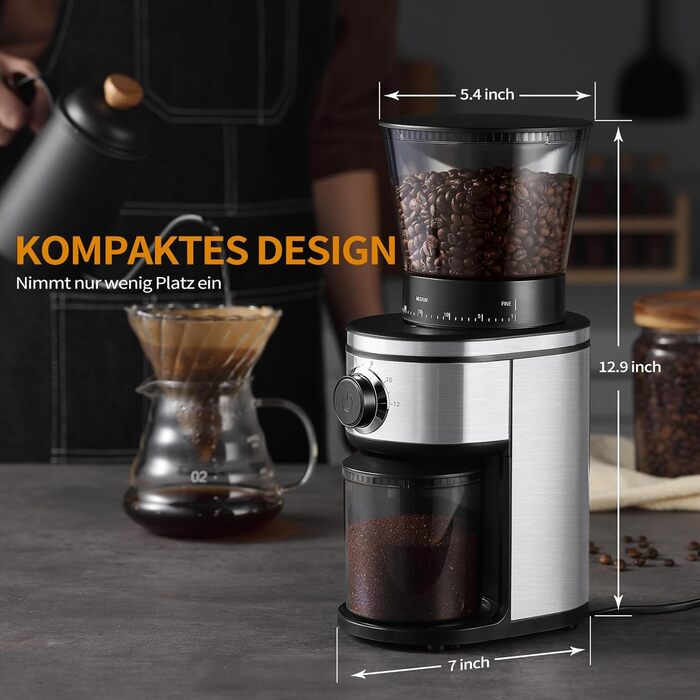 Електрична кавомолка Ollygrin Bg702s-pg: 30 ступенів помолу, для еспресо, drip, pour over, cold brew, French press, 2-12 чашок, 220V, нержавіюча сталь