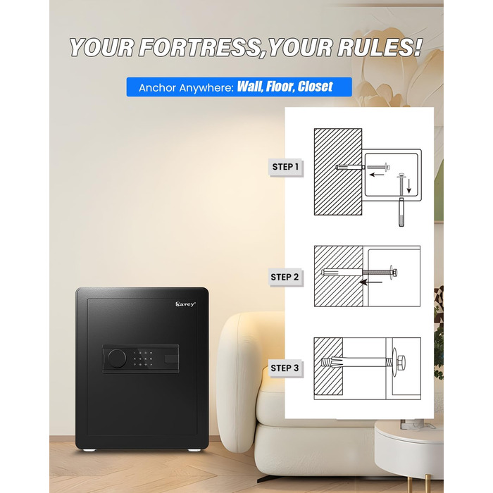 Сейф Kavey Safe Tresor 50L з цифровим замком, подвійним сигналом тривоги та LED-підсвіткою