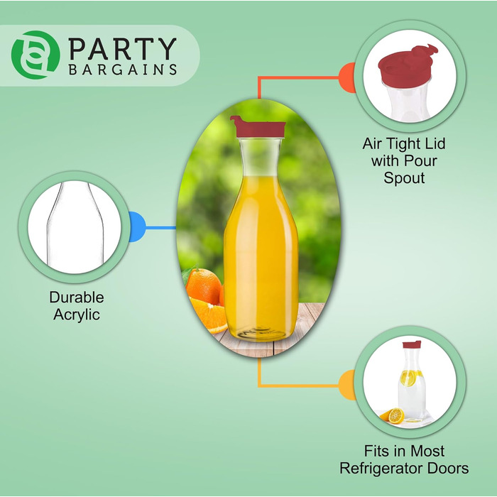 Party Bargains Plastic Carafe with Lid, Transparent, 12 Pieces, Red Flip-Top Lid, Premium Quality and Robust Plastic Pitcher for Iced Tea, Powdered Drink Mix, Cold Brew, Mimosas