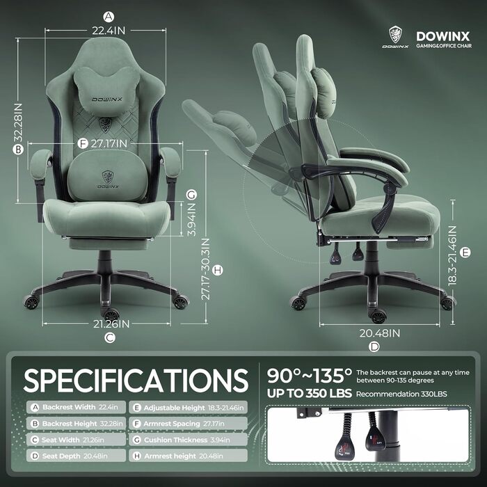 Ігровий крісло Dowinx з підігрівом та масажем попереку, з кишенею, подушкою та підніжкою, 150 кг, зелений