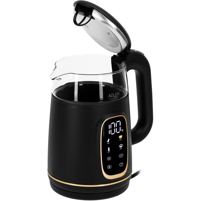 Електричний чайник Adler з регулюванням температури 2200W, 1.7L з LED-дисплеєм та сенсорною панеллю, 5 температурних програм, функція підтримання тепла, фільтр, чорний, золотий