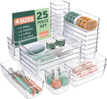 Ruboxa Transparent Drawer Organizer - 25 Pack, transparent plastic drawer organizers for home, organization and storage, kitchen, vanity, and office