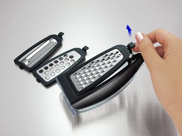 Palm Grater - Comfortable Compact Hand Grater. Vertical and Horizontal Hanging on Hook. Peeler, Slicer, Grater, Zester, All-in-One. Food Storage Compartment. 3 Stainless Steel Blades