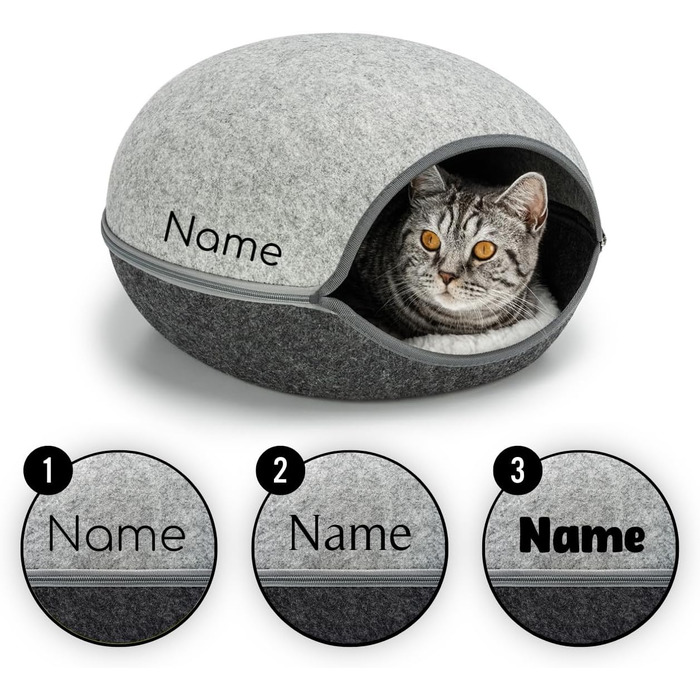 Lionto Cat Cave made of robust felt, cozy cuddle cave with zipper, 46x38x24 cm, comfortable and modern cat bed with soft and washable cushion, grey (with name tag)
