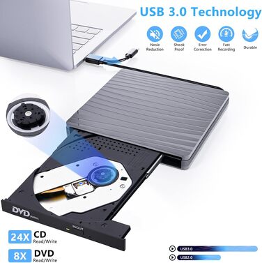 Зовнішній DVD-привід USB 3.0 та Type-C, портативний CD/DVD+/-RW записувач для ноутбука, ПК, MacBook, Windows, MacOS, Linux (Сірий)
