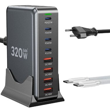 Зарядний пристрій USB-C GaN III 320W, 8 портів: для iPhone, Samsung, MacBook, Dell, Steam Deck та ін.