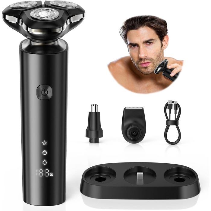 Електричний чоловічий бритва 3D з підзарядною базою - IPX7, вологостійкий, чорний