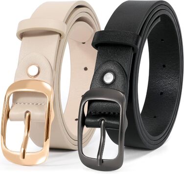 LEACOOLKEY: 2 жіночі шкіряні ремені з пряжкою Gold, для джинсів та штанів, чорний+бежевий, XXL, розмір 117-127 см