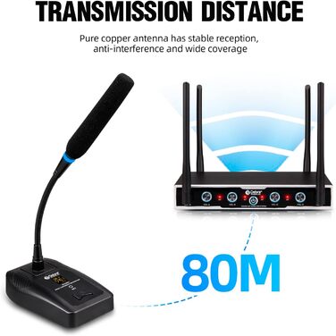 Debra 4-канальний UHF мікрофонний комплект з 16 частотами | 80м радіус дії, 4x Bodypack + мікрофон-гарнітура/петличний | Професійний звук для співу, караоке та конференцій (4 мікрофони)