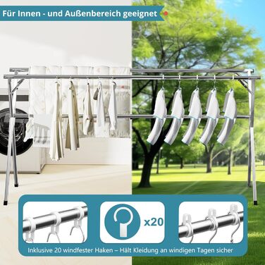 Стійка для сушіння білизни JAUREE 160 см, розкладна, з нержавіючої сталі, для дому та вулиці, велика, зі 20 гачками