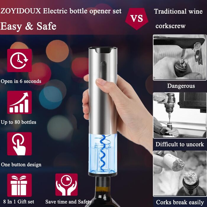 Електричний набір для вина ZOYIDOUX 4-в-1: відкривачка, аератор, різак для фольги та вакуумний корок. Подарунковий набір для поціновувачів вина (8-в-1, з підзарядною станцією)