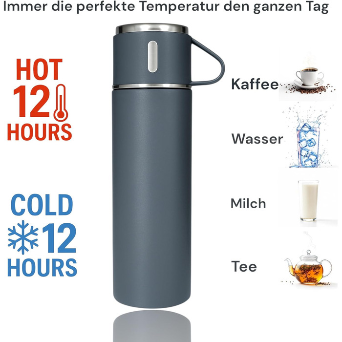Термофляга 500 мл з нержавіючої сталі – 2 чашки з ручкою – не протікає, BPA-free – з щіткою для чищення – сірий колір