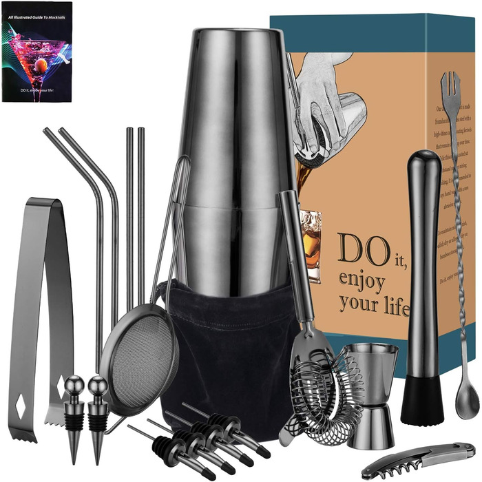 Набір для коктейлів HB life: 21 предмет, нержавіюча сталь, 750 мл та 550 мл шейкер, аксесуари для бару