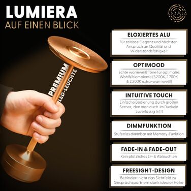 Настільна світлодіодна лампа ELYSIA з акумулятором, диммер, бездротова, сенсорна, IP54 (внутрішнє/зовнішнє), тепле світло (2200K-2700K-3200K), USB-C, алюміній, золота