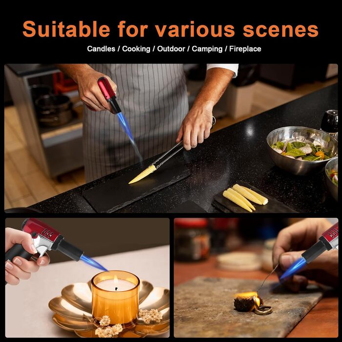 Газовий запальник Butan з регульованим полум'ям для кухні, випічки, барбекю, паяння. Безпечне замкове механізм, вікно рівня газу. Червоний, однотонний. (Butan Gas не входить до комплекту)