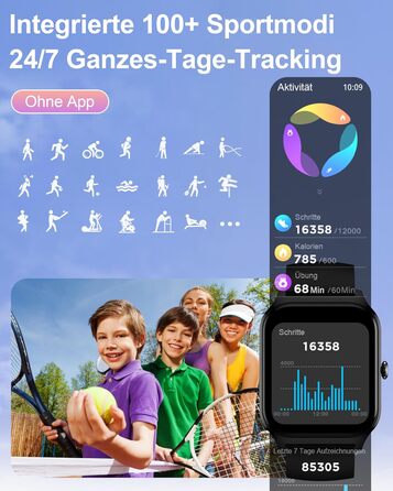 Розумний годинник Popglory для жінок та чоловіків, 100+ спортивних режимів, моніторинг здоров'я 24/7, Bluetooth, вимірювання тиску, пульсу, стресу, сну, будильник, калькулятор, крокомір, сумісний з Android та iOS, чорний